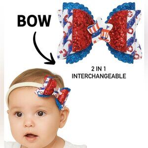 4th of July Baby Girl 4” Bow Headband 2 in 1 Interchangeable Nylon USA Patriotic
